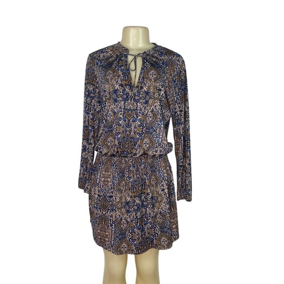 Juniper Blu Women's Boho Printed Long Sleeve Dress With Tie Neck & Elastic Waist - Picture 1 of 7